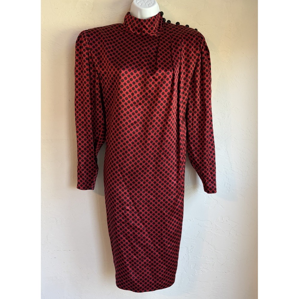 Vintage Albert Nipon 100% Silk Polka Dot Midi Dress 10 80s Does 40s Power Dress
